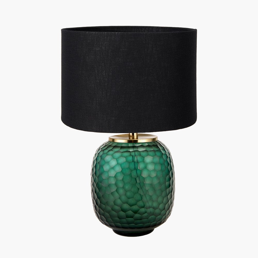 Camila Green Cold Cut Textured Glass Table Lamp Base with Lino 35cm Black Self Lined Linen Cylinder Lampshade.