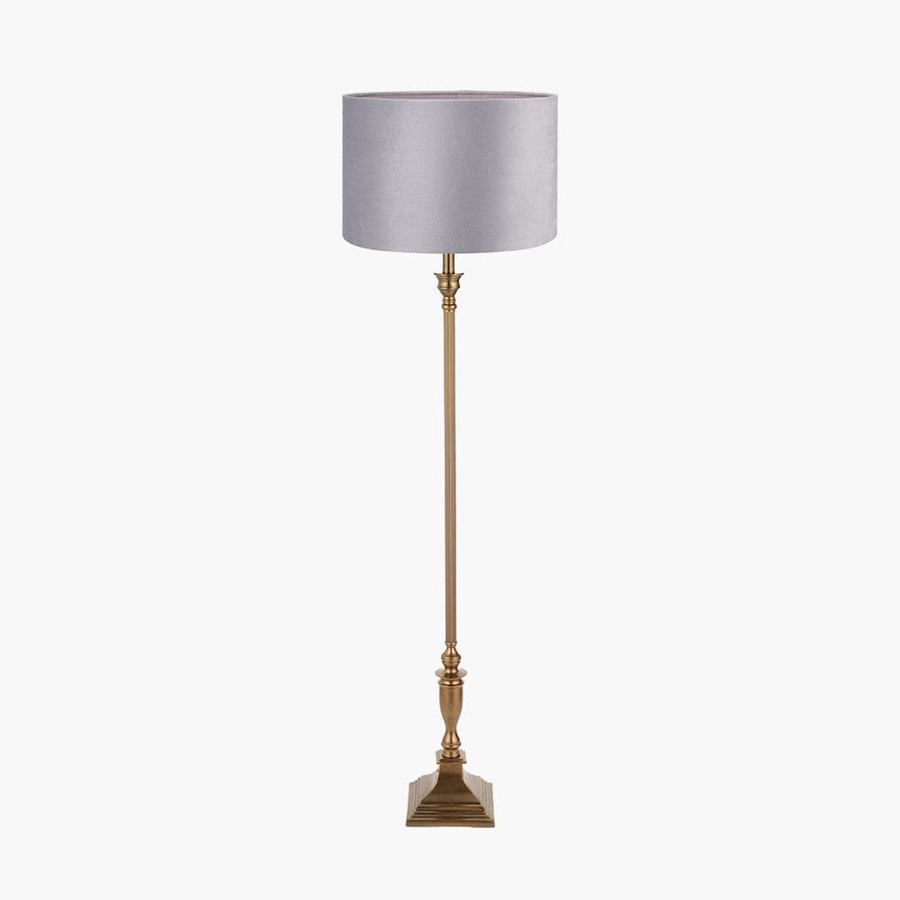 Canterbury Antique Brass Metal Floor Lamp Base with Rene 45cm Light Grey Velvet Cylinder Lampshade.