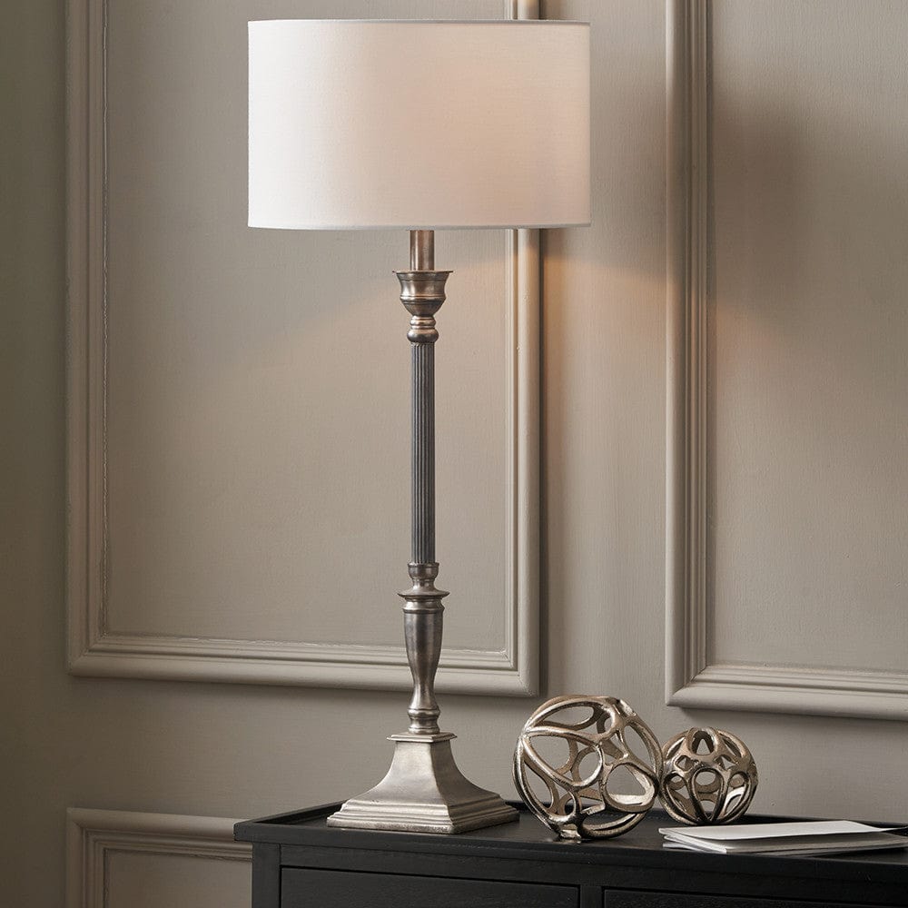Pacific Lifestyle Lighting Canterbury Antique Silver Metal Table Lamp Base with Henry 35cm White Handloom Cylinder Lampshade House of Isabella UK