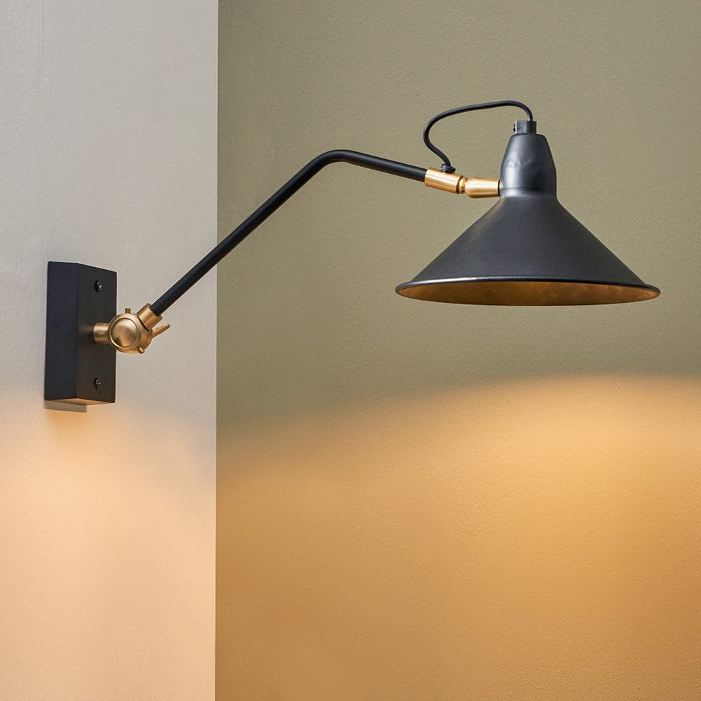 Canton Matt Black and Brass Metal Cone Wall Lamp.