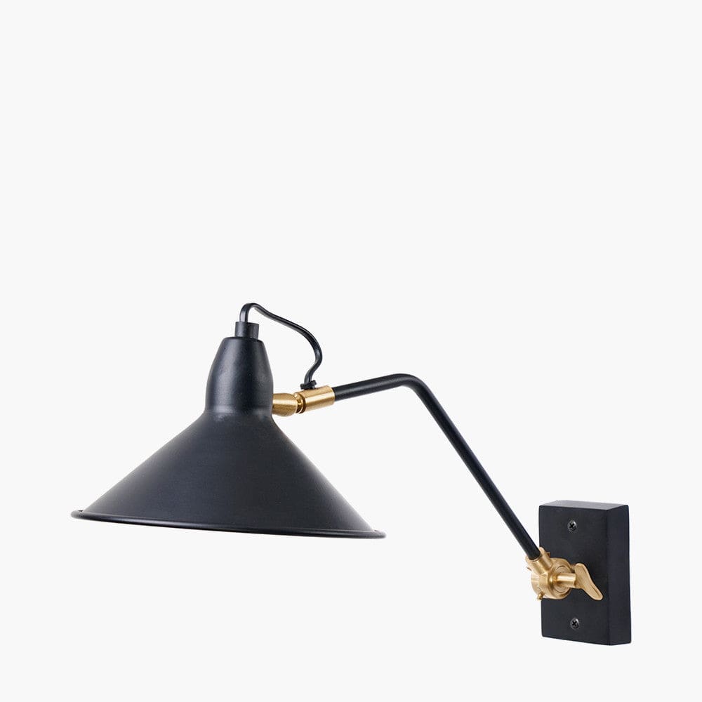 Canton Matt Black and Brass Metal Cone Wall Lamp.
