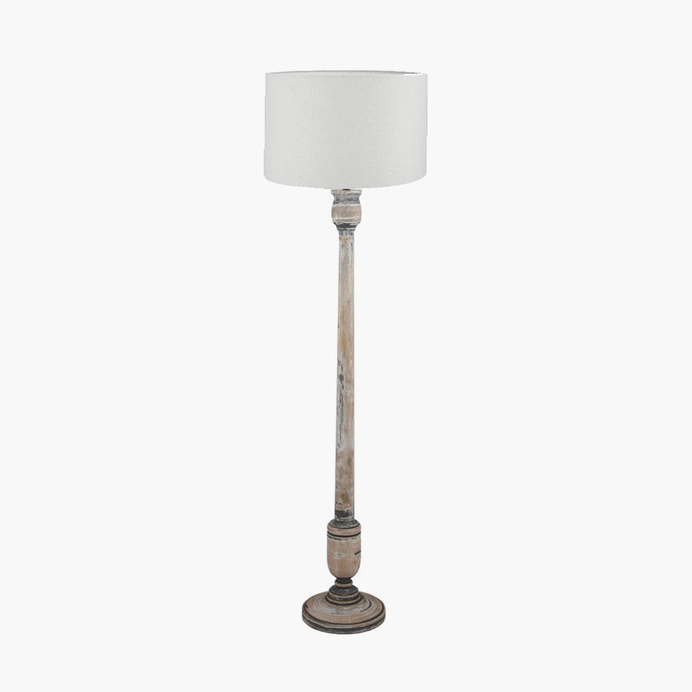 Captiva Grey Wash Mango Wood Floor Lamp Base with Lino 45cm White Self Lined Linen Cylinder Lampshade.