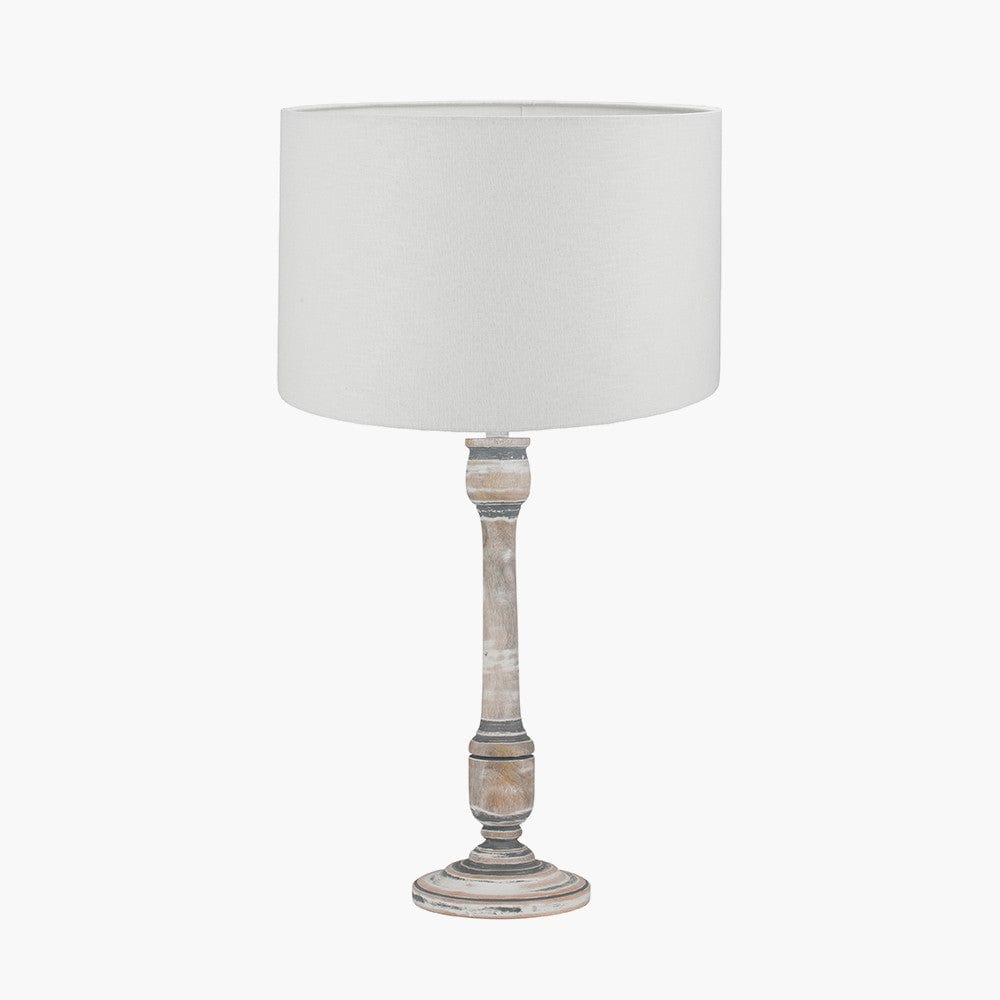 Captiva Grey Wash Mango Wood Table Lamp Base with Lino 35cm White Self Lined Linen Cylinder Lampshade.