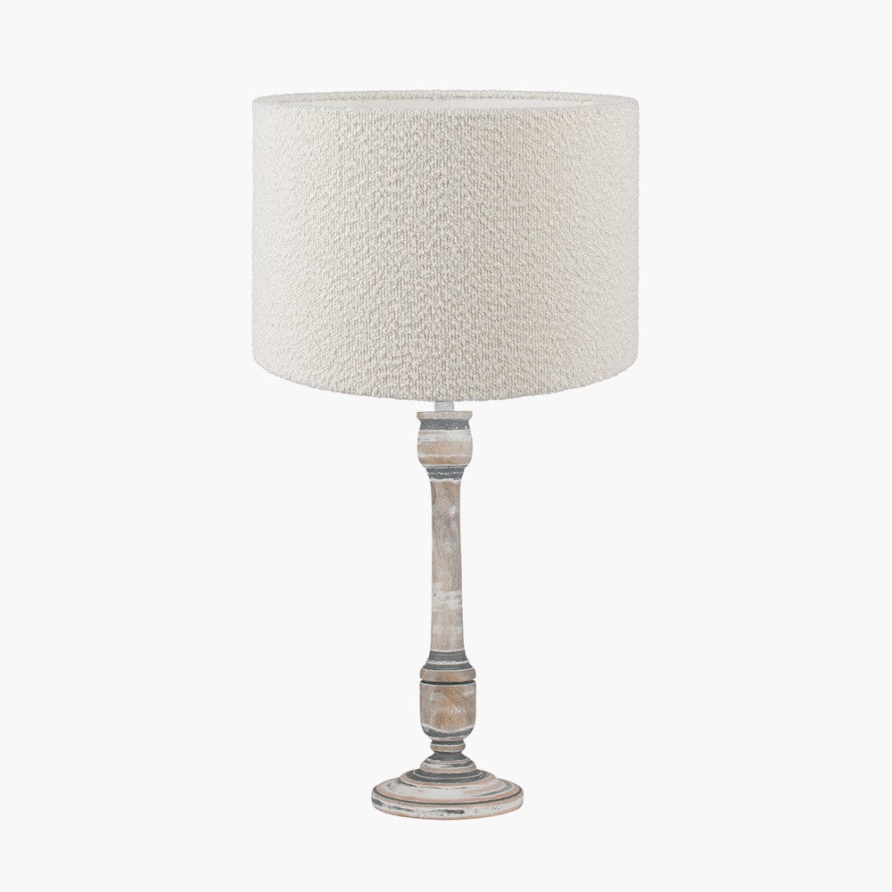 Captiva Grey Wash Mango Wood Table Lamp Base with Rouen 35cm White Boucle Cylinder Lampshade.