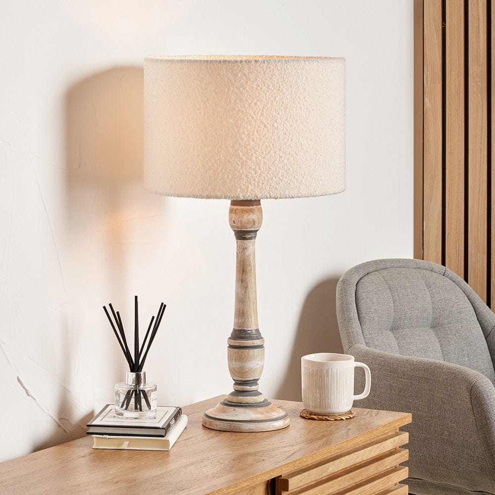 Captiva Grey Wash Mango Wood Table Lamp Base with Rouen 35cm White Boucle Cylinder Lampshade.