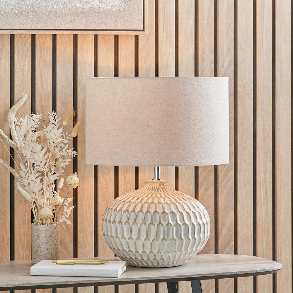 Cassius Warm White Textured Glazed Ceramic Table Lamp.