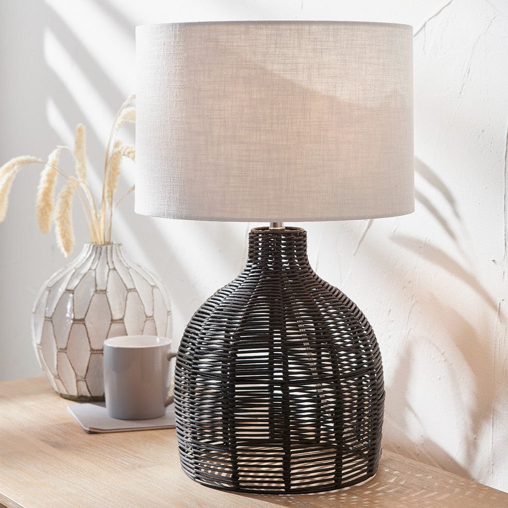 Caswell Black Rattan Cloche Table Lamp.