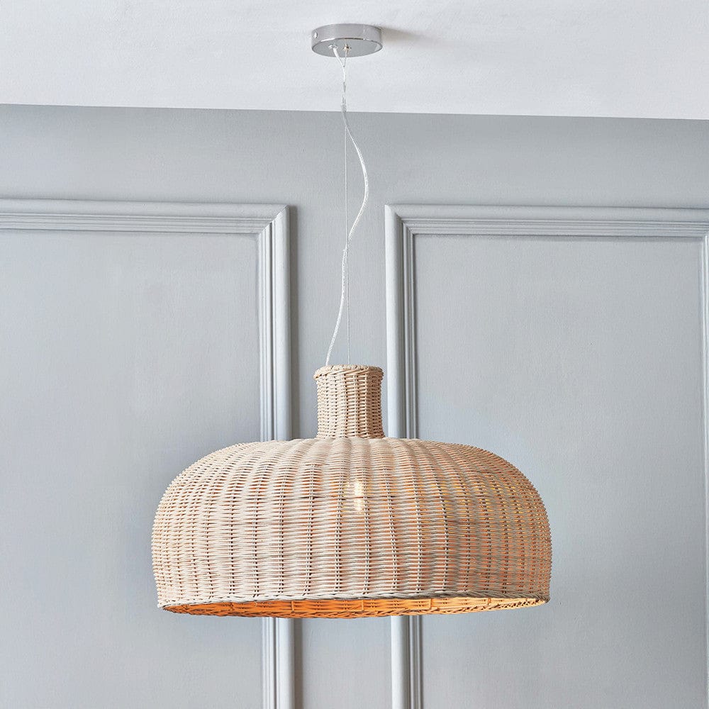 Caswell Natural Rattan Dome Pendant with Brushed Chrome Ceiling Fitting E27.