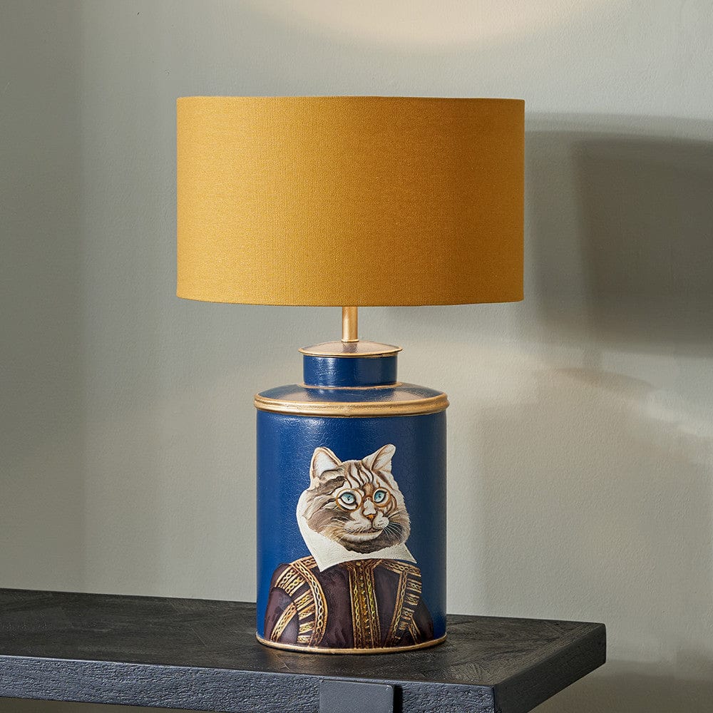 Pacific Lifestyle Lighting Cat Blue Hand Painted Metal Table Lamp Base with Henry 35cm Mustard Handloom Cylinder Lampshade House of Isabella UK