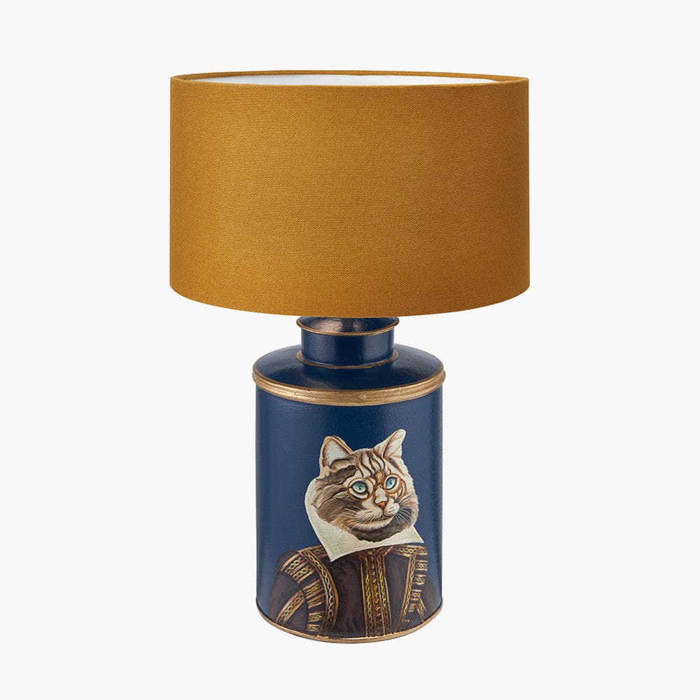 Pacific Lifestyle Lighting Cat Blue Hand Painted Metal Table Lamp Base with Henry 35cm Mustard Handloom Cylinder Lampshade House of Isabella UK
