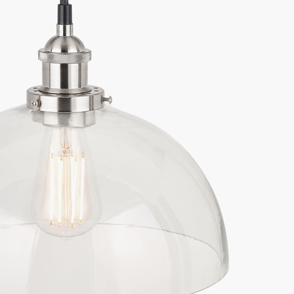 Cecilia Antique Silver Metal and Clear Glass Dome Pendant.