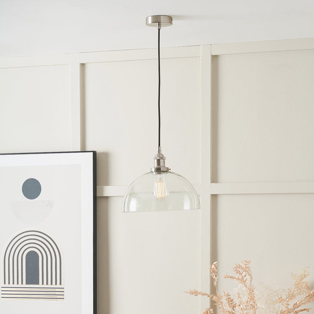 Cecilia Antique Silver Metal and Clear Glass Dome Pendant.