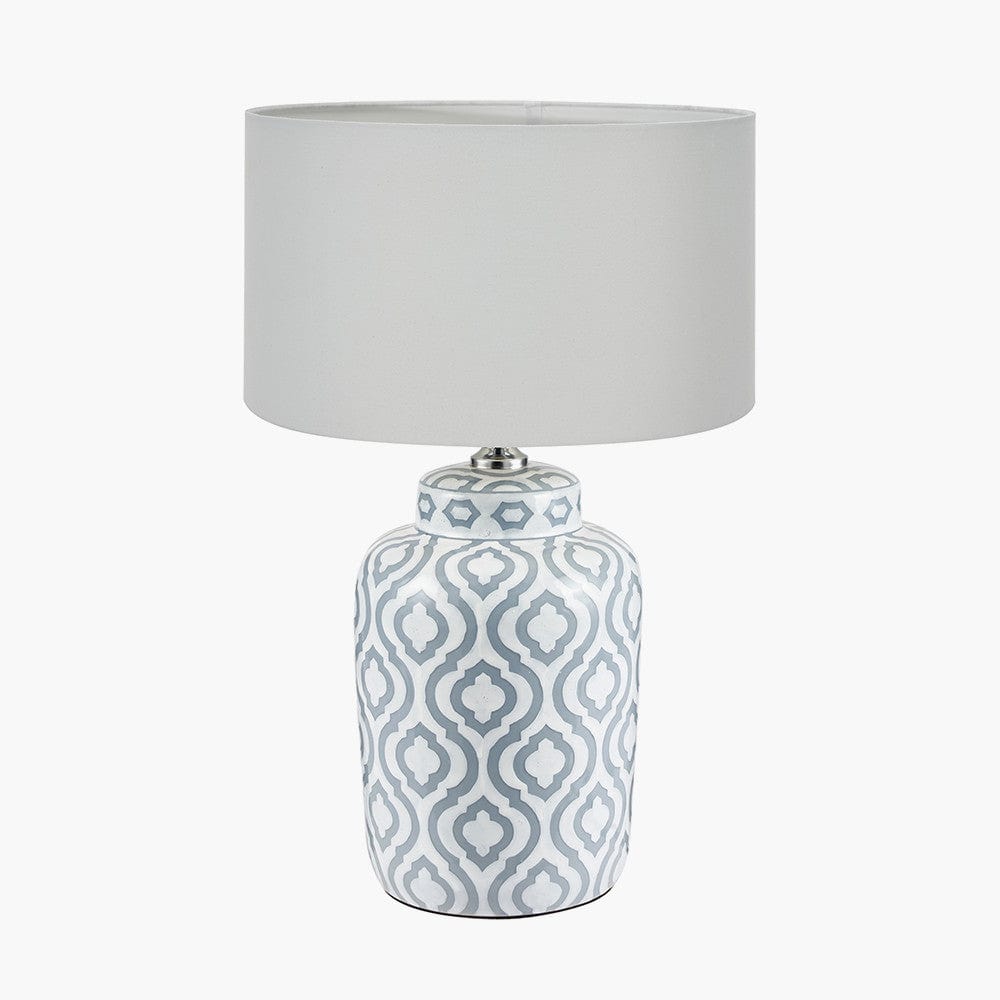 Celia Grey and White Pattern Ceramic Table Lamp Base with Harry 30cm Ivory Cotton Mix Cylinder Lampshade.