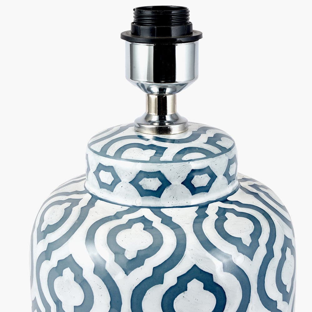 Celia Grey and White Pattern Ceramic Table Lamp Base with Harry 30cm Ivory Cotton Mix Cylinder Lampshade.