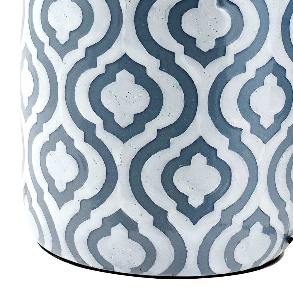 Celia Grey and White Pattern Ceramic Table Lamp with Harry 30cm Ivory Poly Cotton Cylinder Drum Shade.
