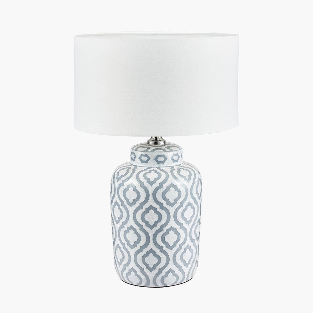 Celia Grey and White Pattern Ceramic Table Lamp with Harry 30cm Ivory Poly Cotton Cylinder Drum Shade.