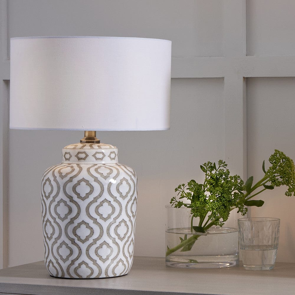 Celia Taupe and White Pattern Ceramic Table Lamp - Base Only.
