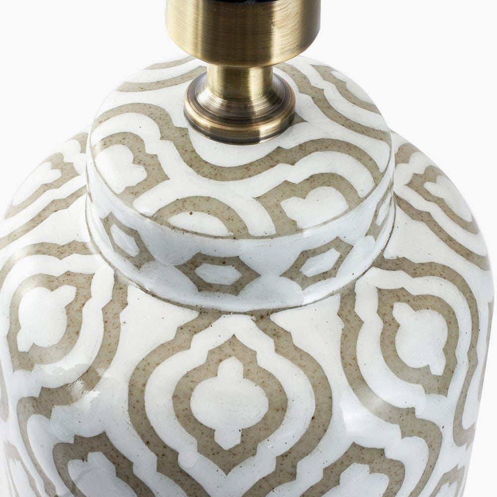 Celia Taupe and White Pattern Ceramic Table Lamp Base with Edward 30cm Natural Linen Cylinder Lampshade.