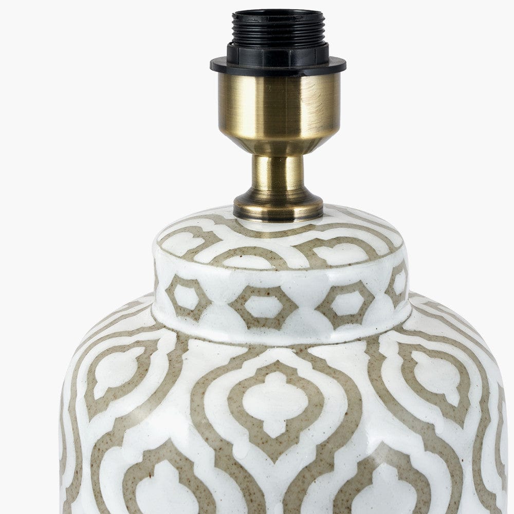 Celia Taupe and White Pattern Ceramic Table Lamp Base with Edward 30cm Natural Linen Cylinder Lampshade.