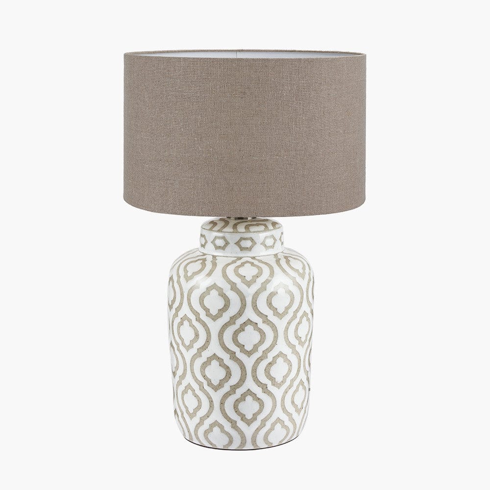 Celia Taupe and White Pattern Ceramic Table Lamp Base with Edward 30cm Natural Linen Cylinder Lampshade.
