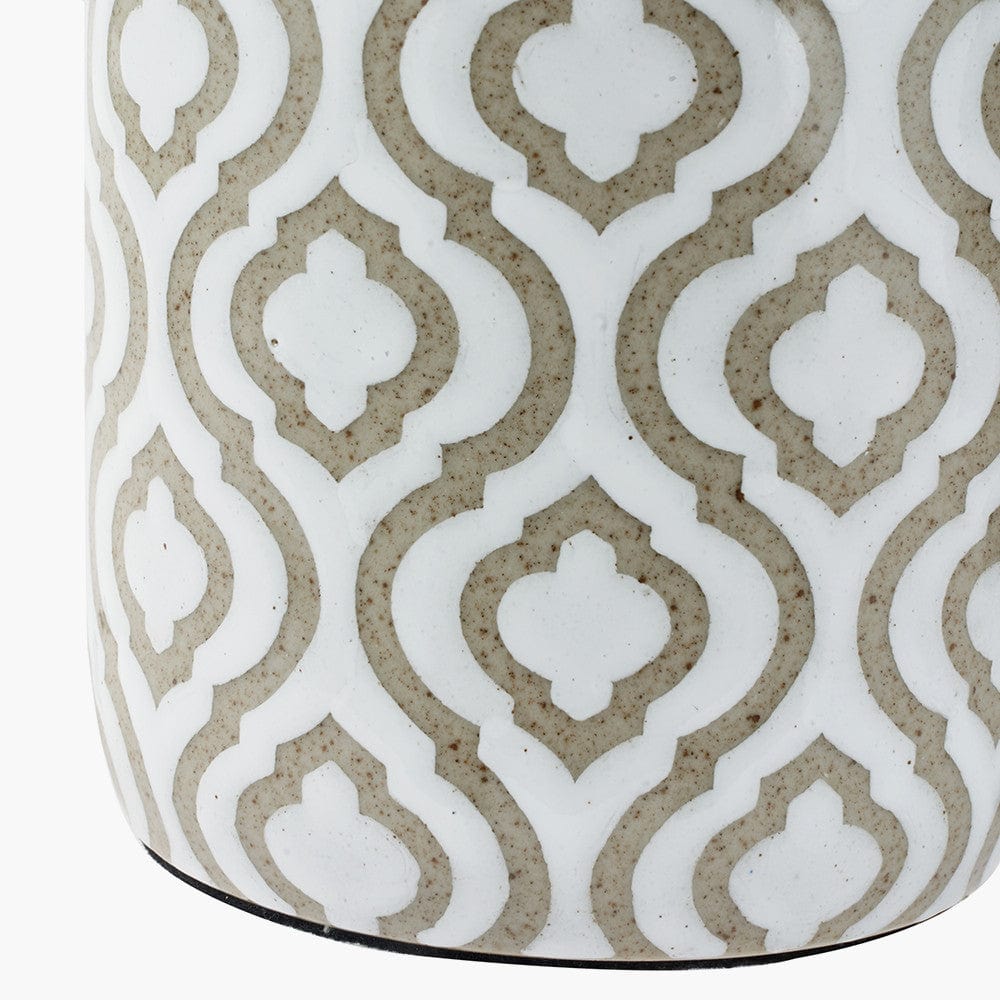 Celia Taupe and White Pattern Ceramic Table Lamp Base with Edward 30cm Natural Linen Cylinder Lampshade.