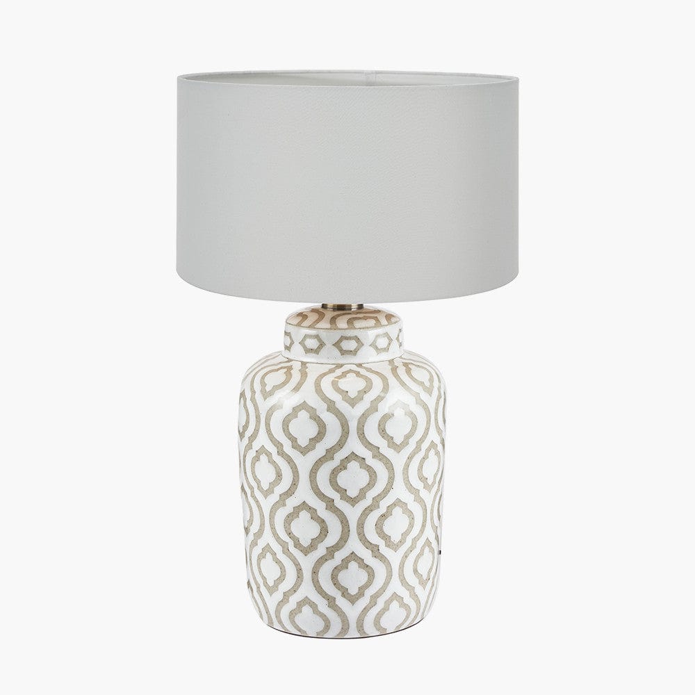 Celia Taupe and White Pattern Ceramic Table Lamp Base with Harry 30cm Ivory Cotton Mix Cylinder Lampshade.
