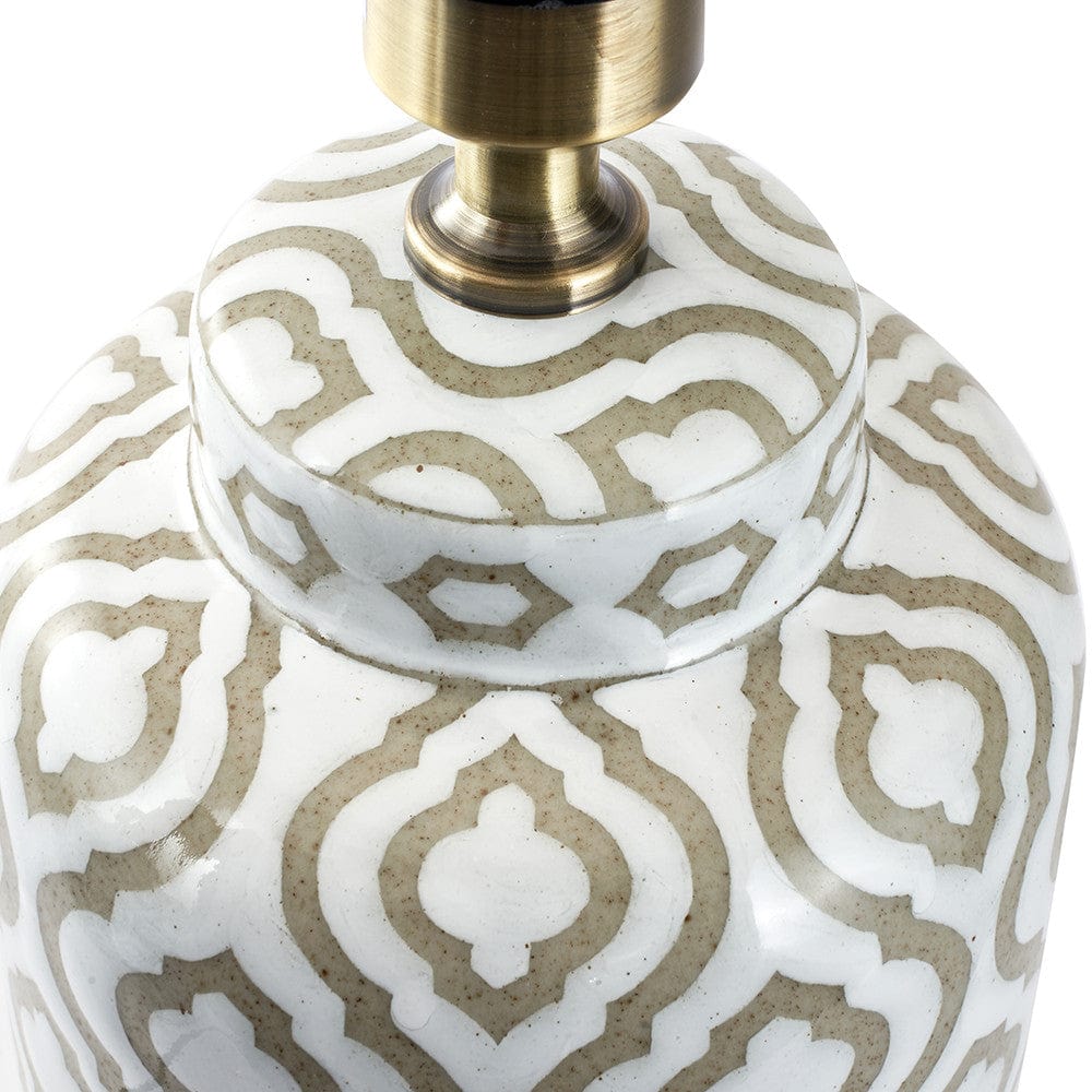 Celia Taupe and White Pattern Ceramic Table Lamp with Harry 30cm Ivory Poly Cotton Cylinder Drum Shade.
