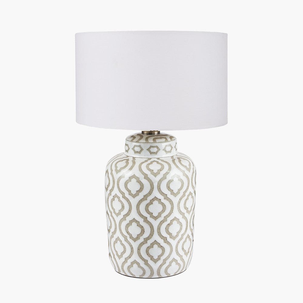 Celia Taupe and White Pattern Ceramic Table Lamp with Harry 30cm Ivory Poly Cotton Cylinder Drum Shade.