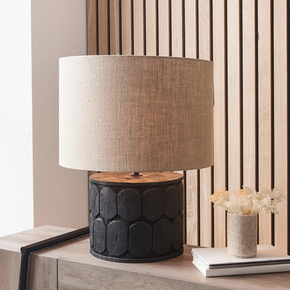 Cezara Embossed Black Wood Wide Table Lamp.