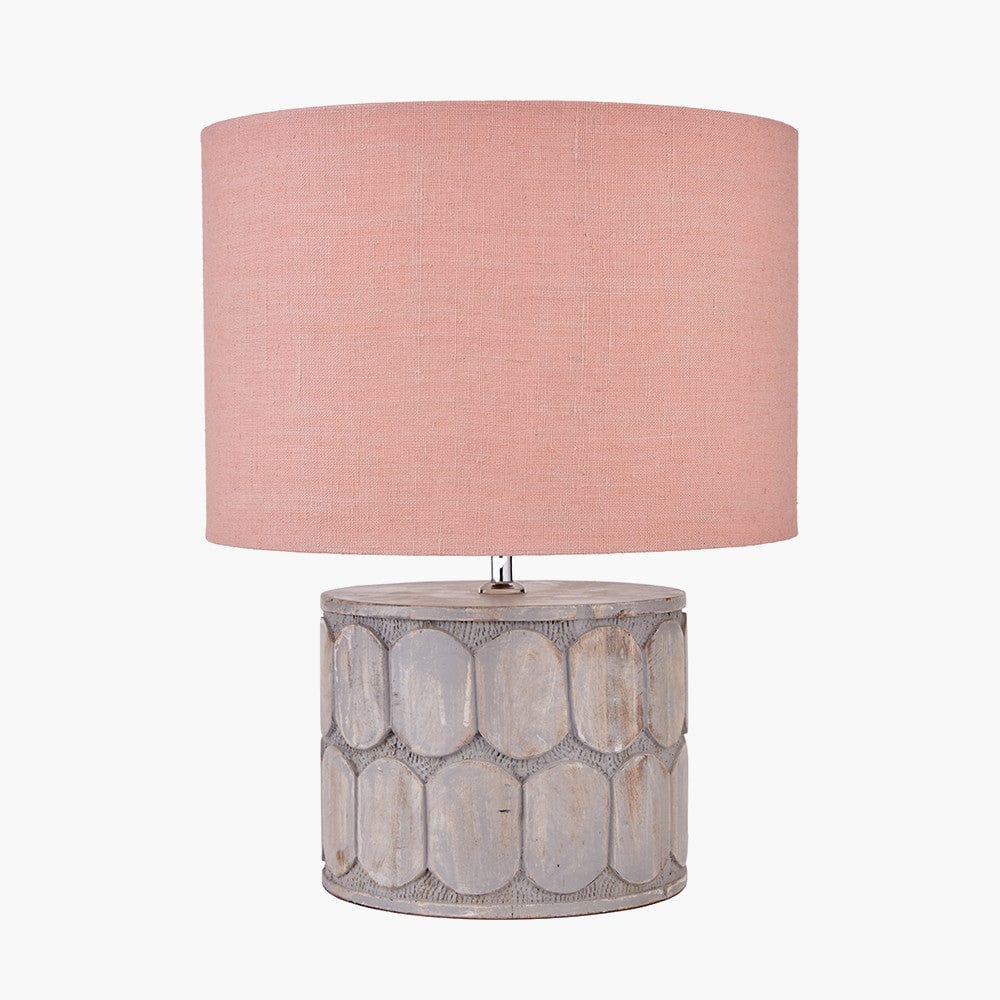 Cezara Embossed Grey Wood Wide Table Lamp Base with Edward 40cm Apricot Linen Cylinder Lampshade.