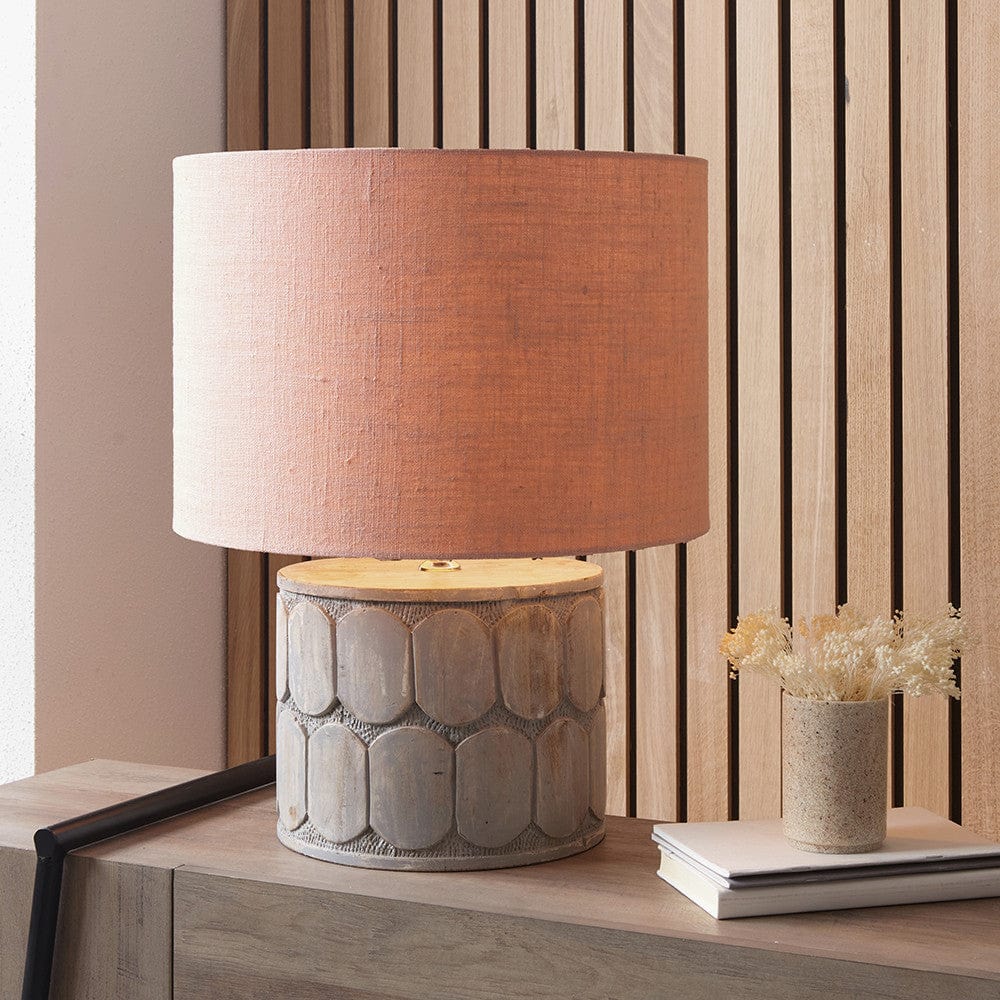 Cezara Embossed Grey Wood Wide Table Lamp Base with Edward 40cm Apricot Linen Cylinder Lampshade.
