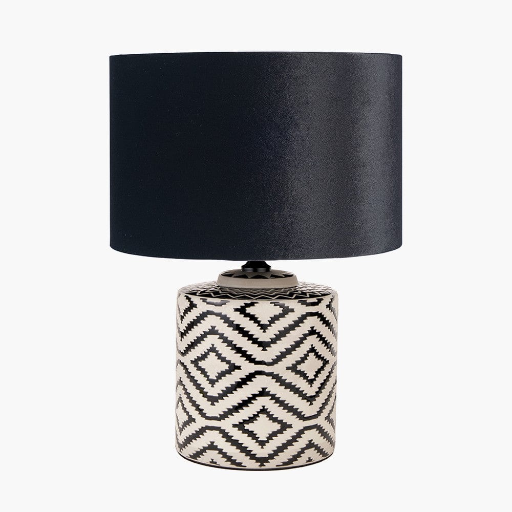 Chirala Black and White Ikat Ceramic Table Lamp Base with Bow 35cm Black Velvet Cylinder Lampshade.