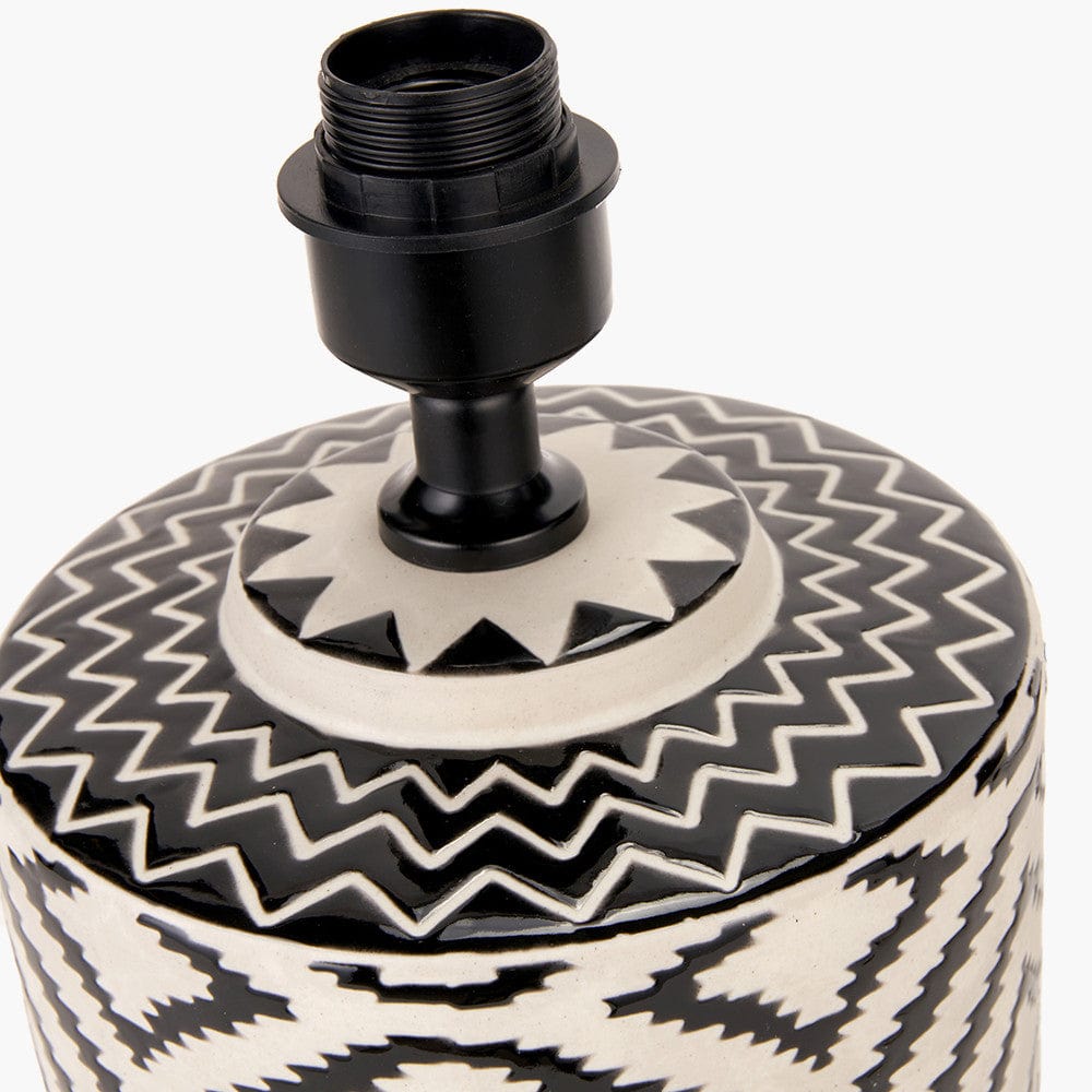 Chirala Black and White Ikat Ceramic Table Lamp Base with Bow 35cm Black Velvet Cylinder Lampshade.