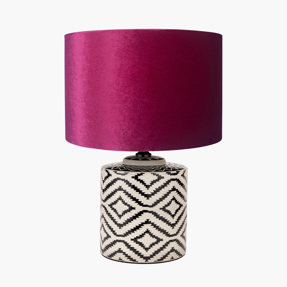 Chirala Black and White Ikat Ceramic Table Lamp Base with Bow 35cm Raspberry Velvet Cylinder Lampshade.