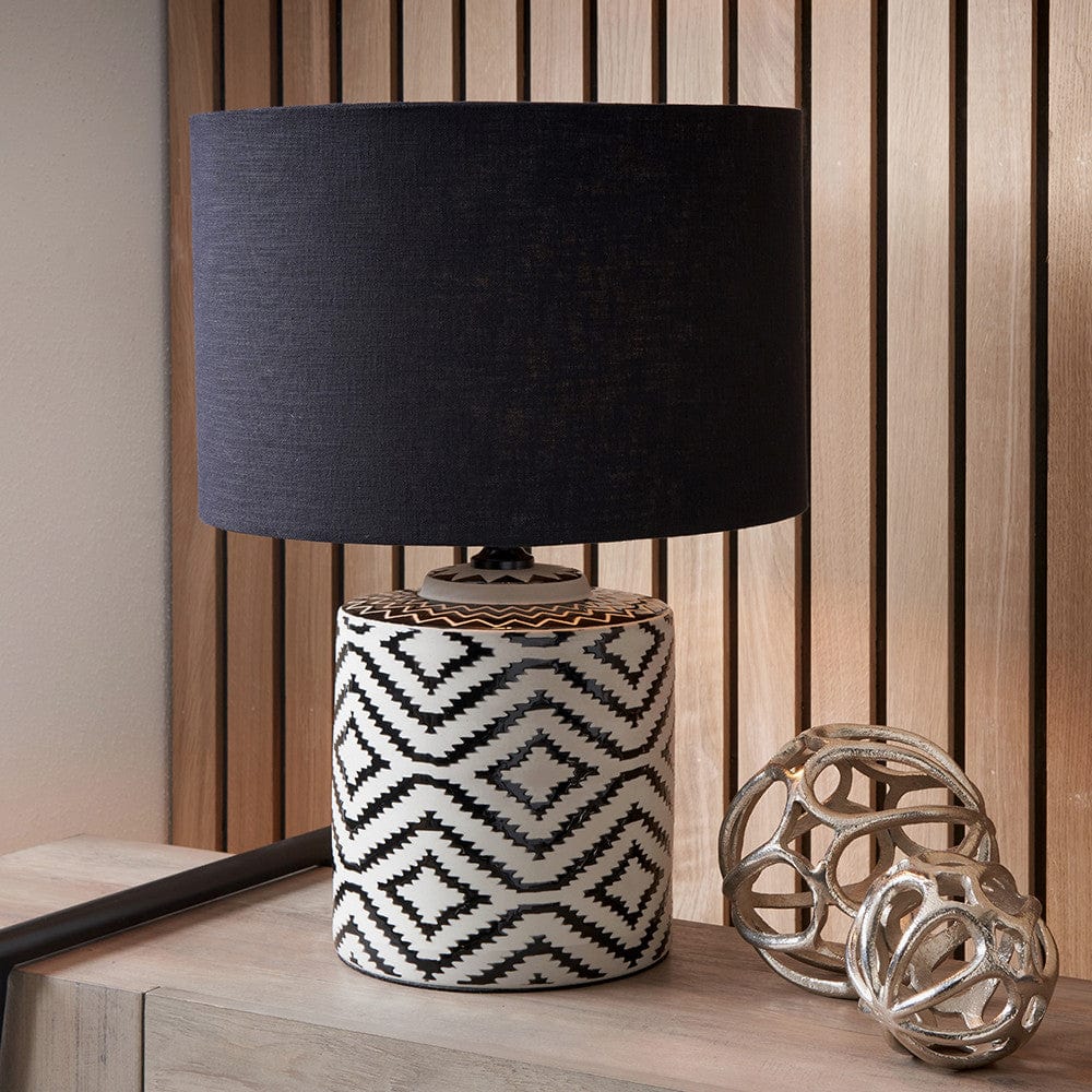 Chirala Black and White Ikat Ceramic Table Lamp Base with Lino 35cm Black Self Lined Linen Cylinder Lampshade.