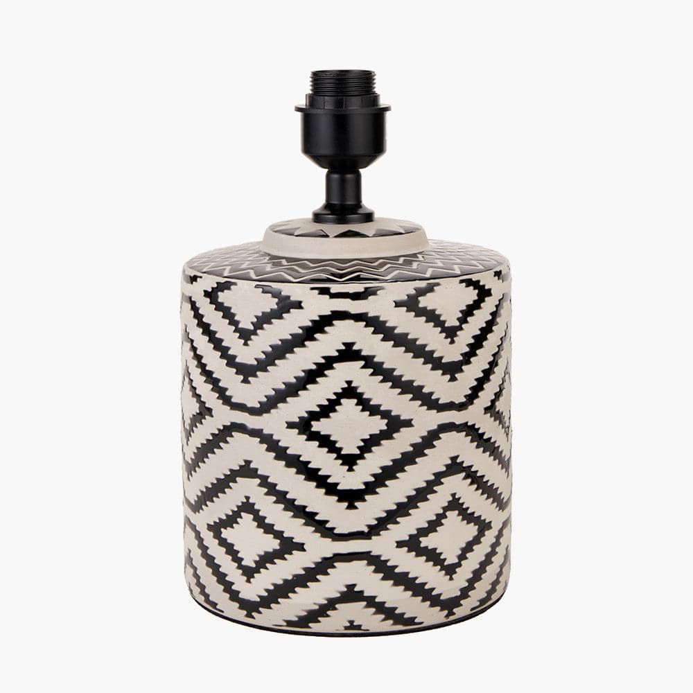 Chirala Black and White Ikat Ceramic Table Lamp Base with Lino 35cm Black Self Lined Linen Cylinder Lampshade.