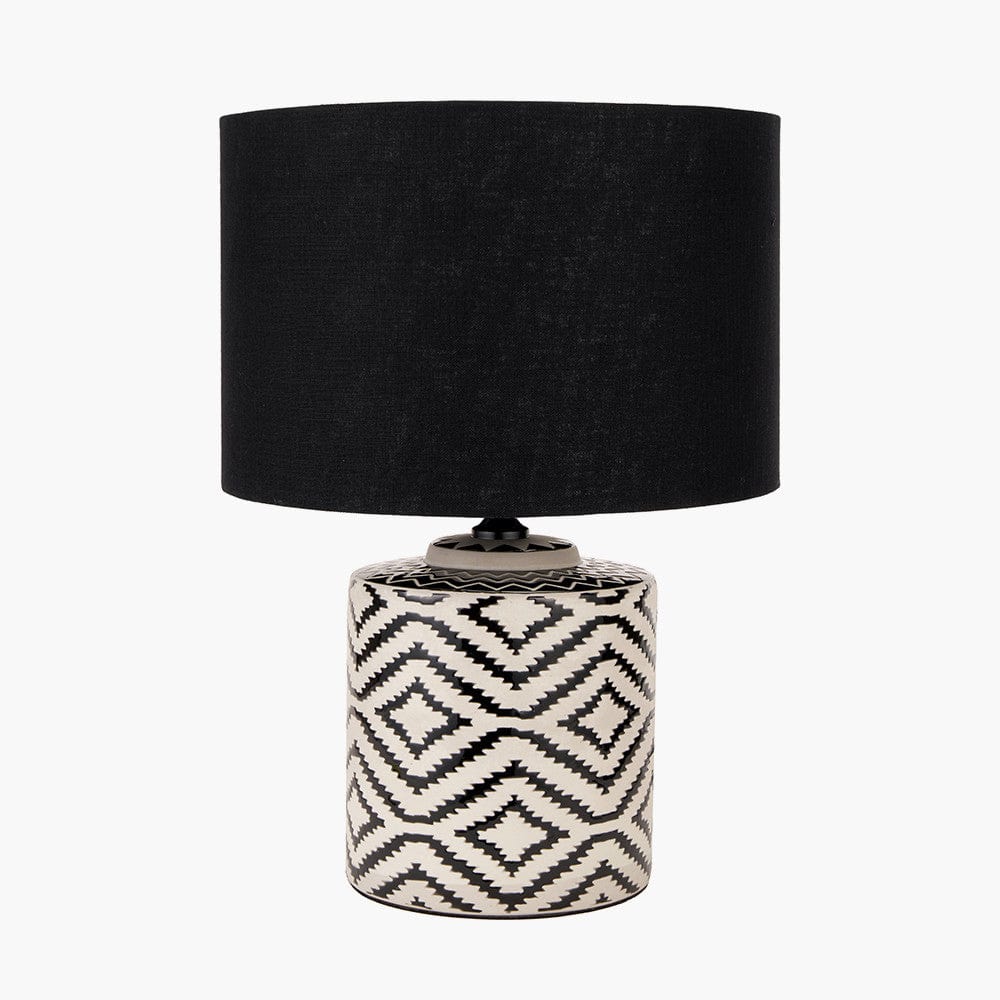 Chirala Black and White Ikat Ceramic Table Lamp Base with Lino 35cm Black Self Lined Linen Cylinder Lampshade.