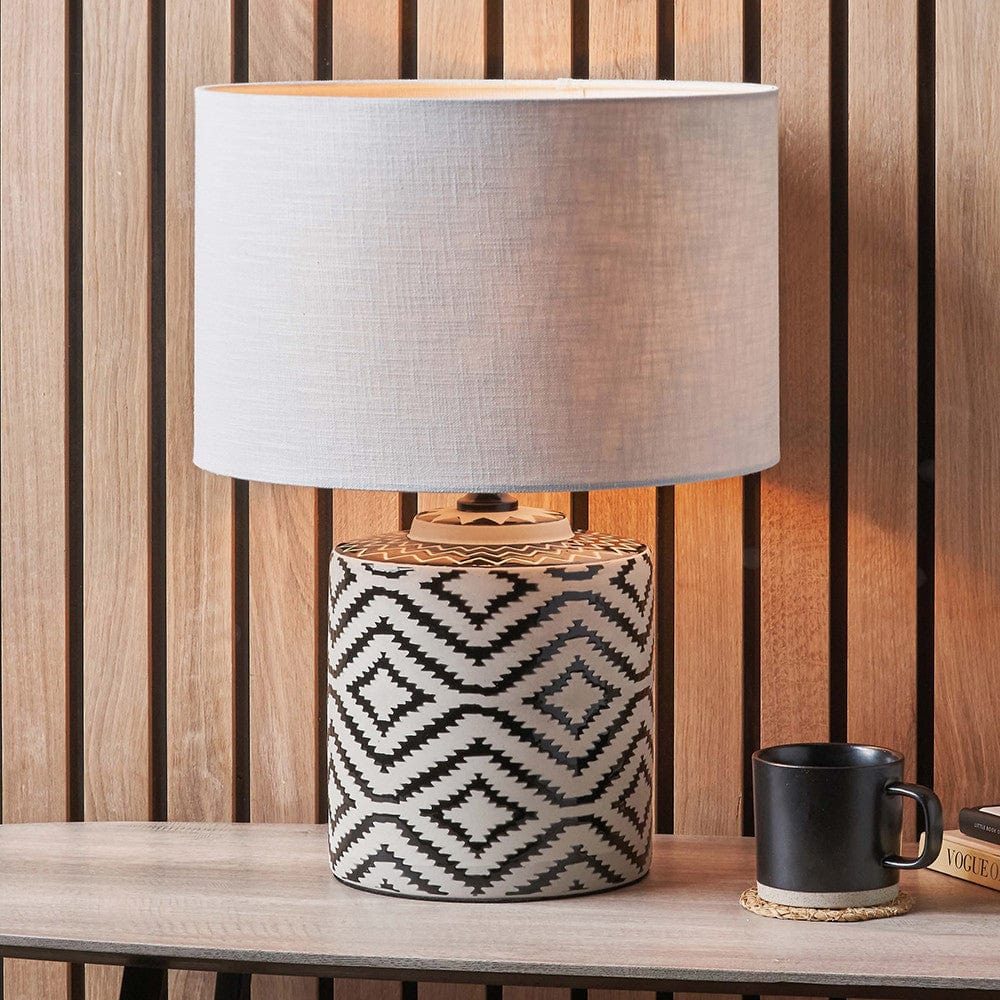 Chirala Black and White Ikat Ceramic Table Lamp Base with Lino 35cm White Self Lined Linen Cylinder Lampshade.