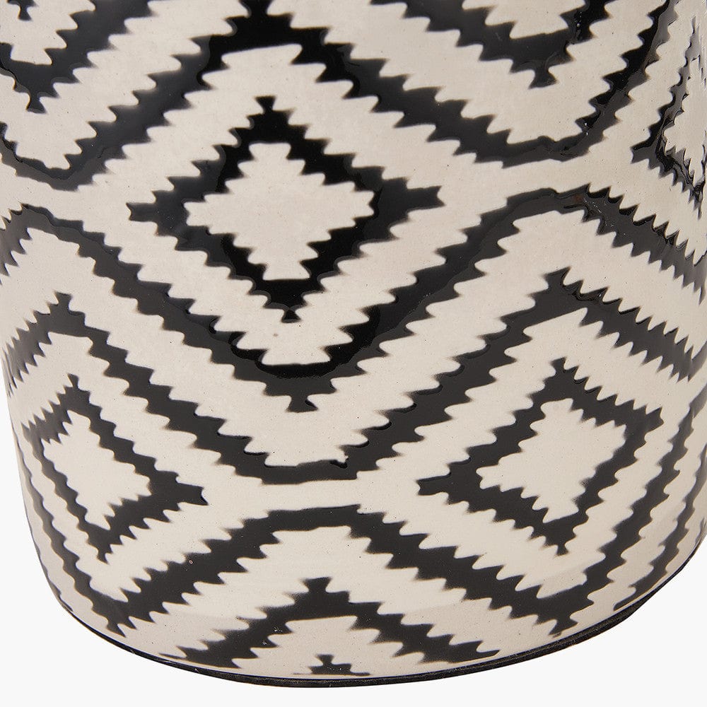 Chirala Black and White Ikat Ceramic Table Lamp Base with Lino 35cm White Self Lined Linen Cylinder Lampshade.