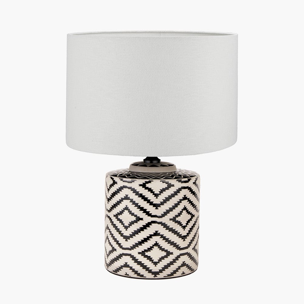 Chirala Black and White Ikat Ceramic Table Lamp Base with Lino 35cm White Self Lined Linen Cylinder Lampshade.