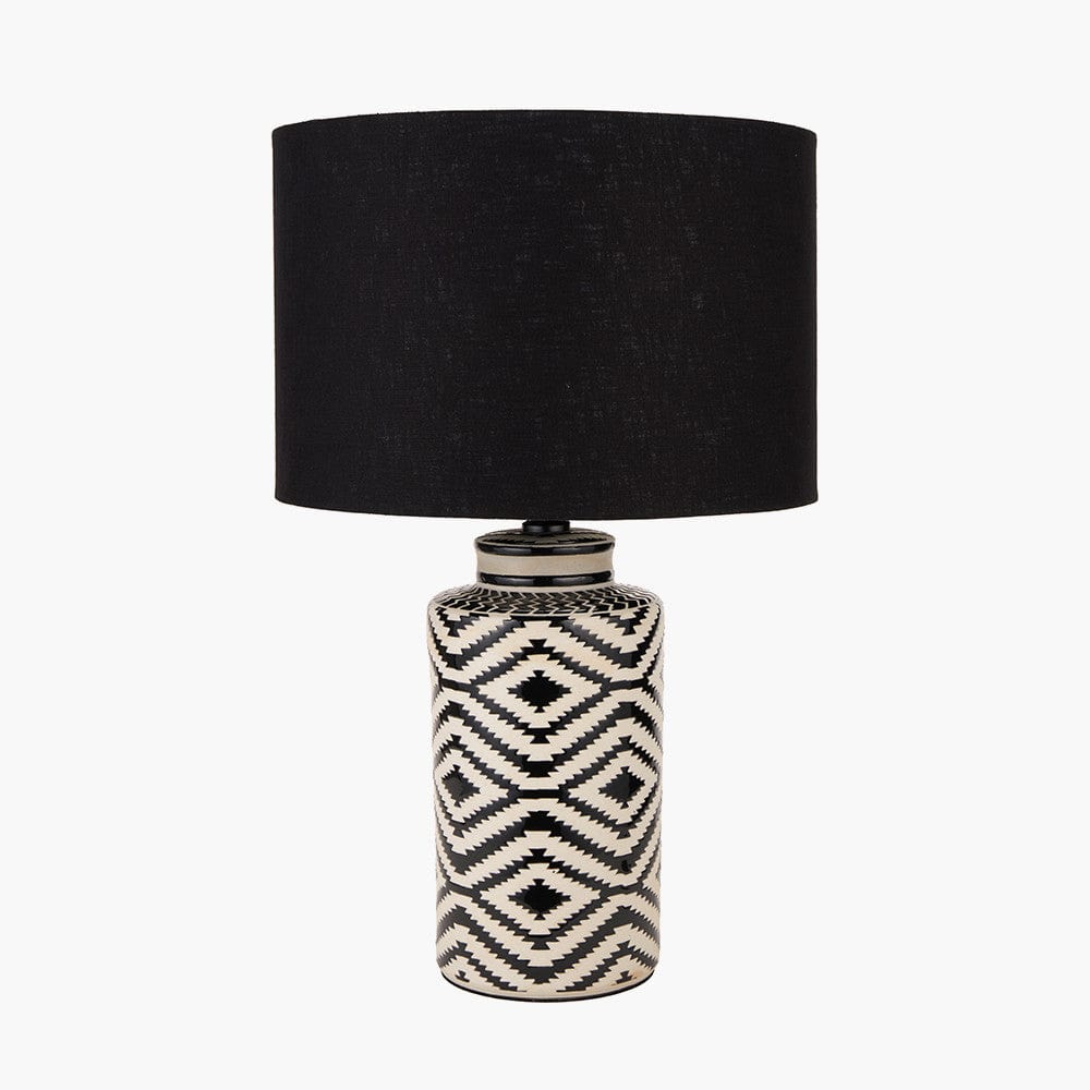 Chirala Black and White Tall Ikat Ceramic Table Lamp Base with Lino 40cm Black Self Lined Linen Cylinder Lampshade.