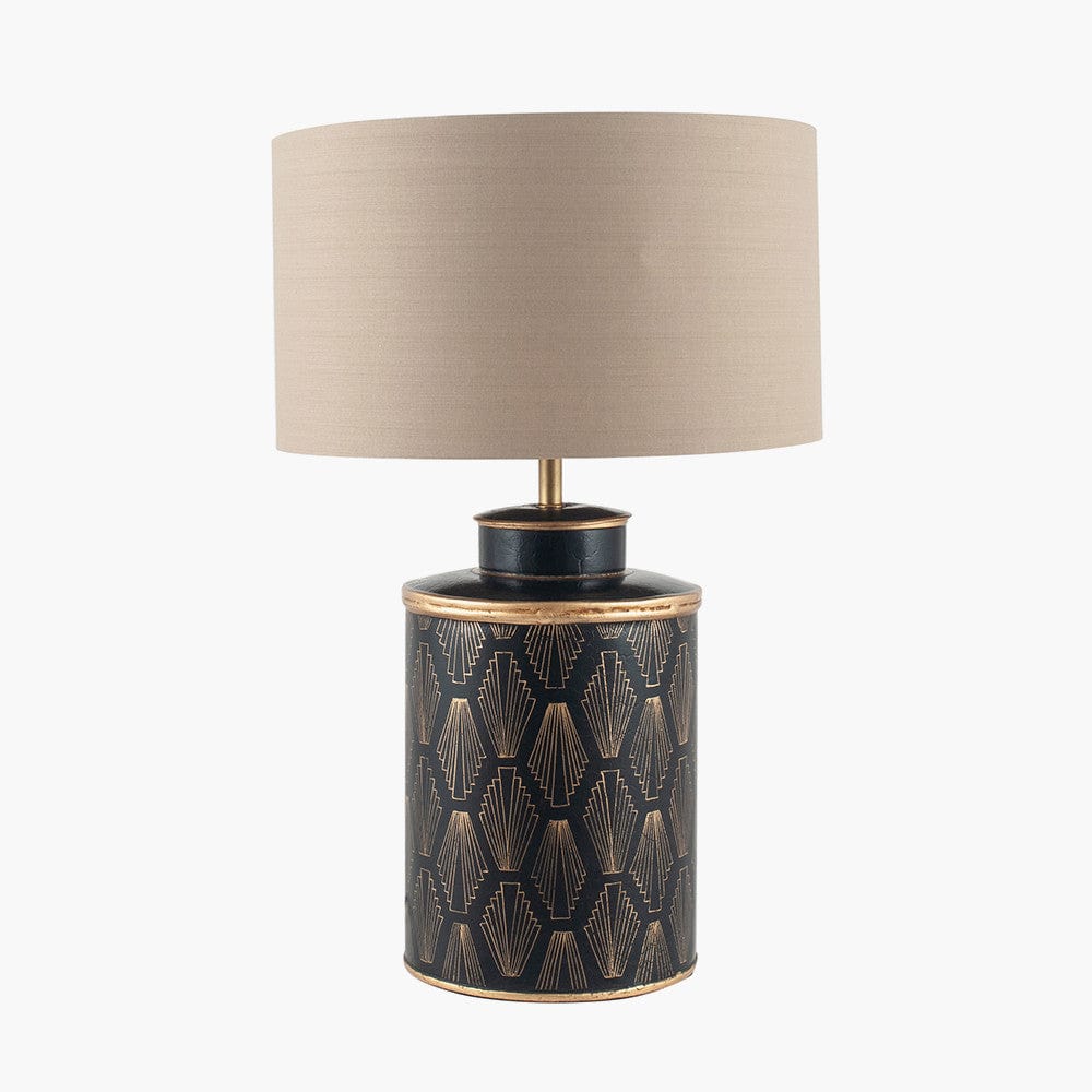 Chrysler Black Art Deco Hand Painted Table Lamp Base with Harry 35cm Taupe Cotton Mix Cylinder Lampshade.