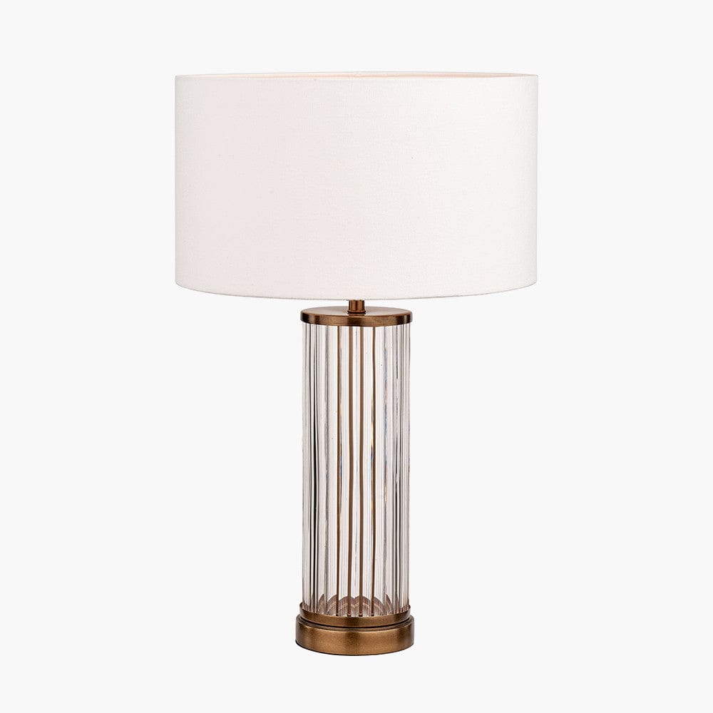 Ciara Clear Glass and Antique Brass Metal Table Lamp Base with Henry 35cm White Handloom Cylinder Lampshade.