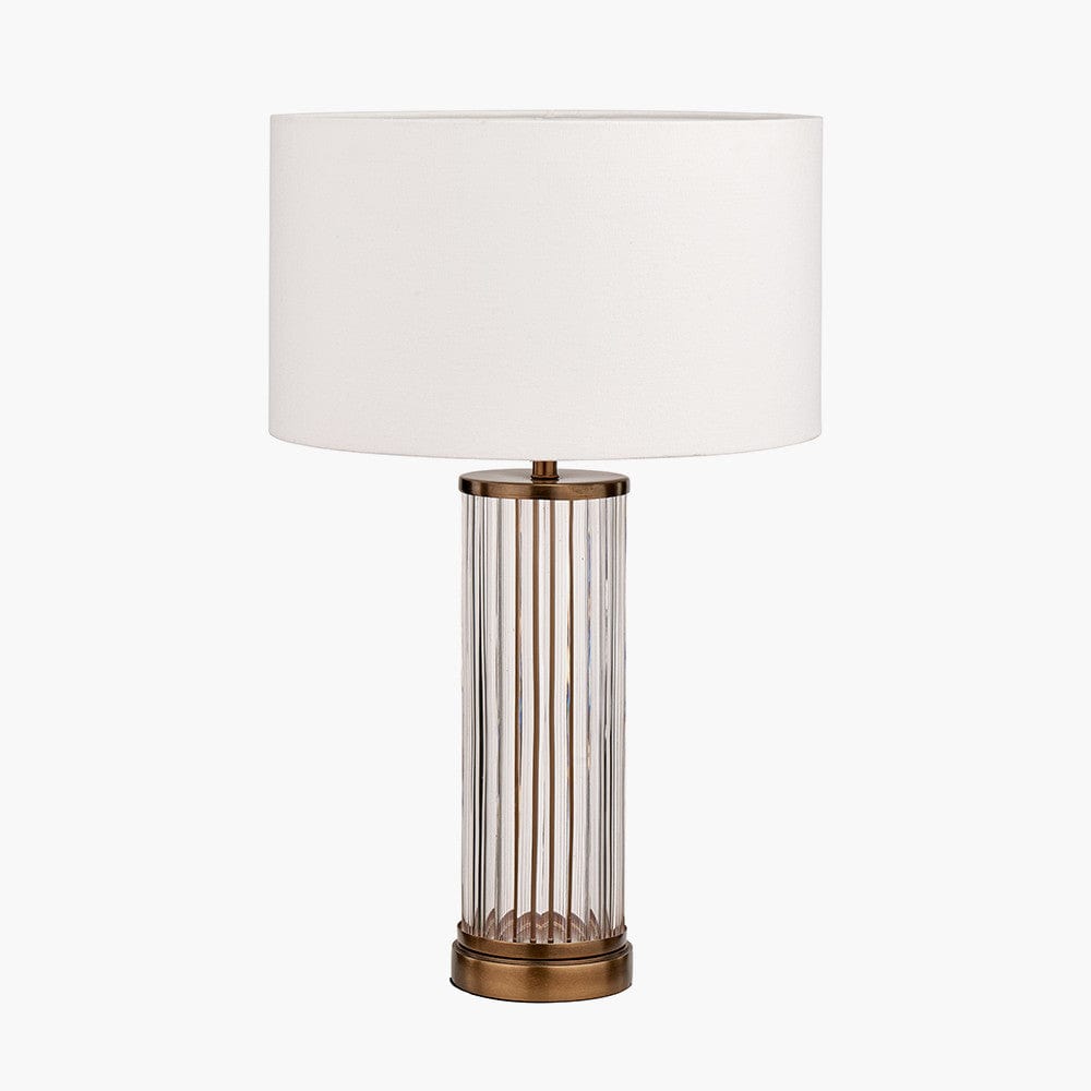 Ciara Clear Glass and Antique Brass Metal Table Lamp Base with Henry 35cm White Handloom Cylinder Lampshade.