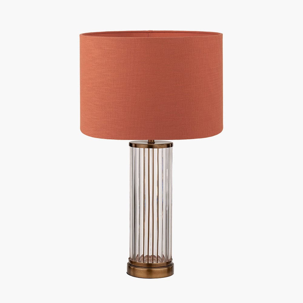 Ciara Clear Glass and Antique Brass Metal Table Lamp Base with Lino 35cm Cinnamon Self Lined Linen Cylinder Lampshade.