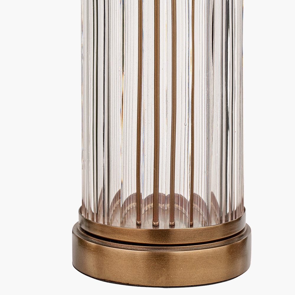 Ciara Clear Glass and Antique Brass Metal Table Lamp Base with Lino 35cm Cinnamon Self Lined Linen Cylinder Lampshade.