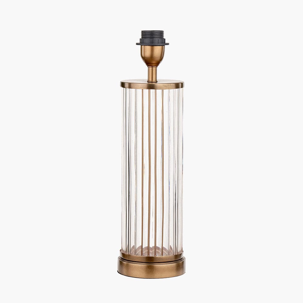 Ciara Clear Glass and Antique Brass Metal Table Lamp Base with Lino 35cm Cinnamon Self Lined Linen Cylinder Lampshade.