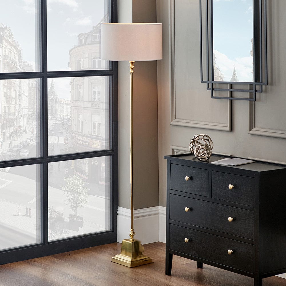 Claudius Gold Metal Stick Floor Lamp Base with Henry 40cm White Handloom Cylinder Lampshade.