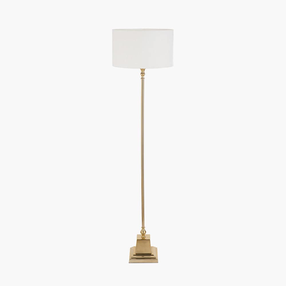 Claudius Gold Metal Stick Floor Lamp Base with Henry 40cm White Handloom Cylinder Lampshade.