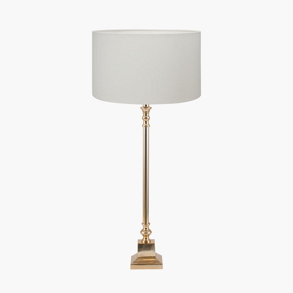 Claudius Gold Metal Stick Table Lamp Base with Henry 30cm White Handloom Cylinder Lampshade.